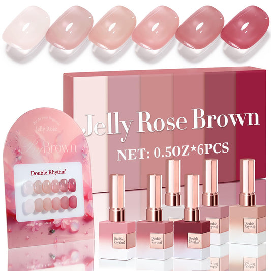 Double Rhythm jelly translucent rose pink gel polish bottle with swatch for at-home manicure shine.