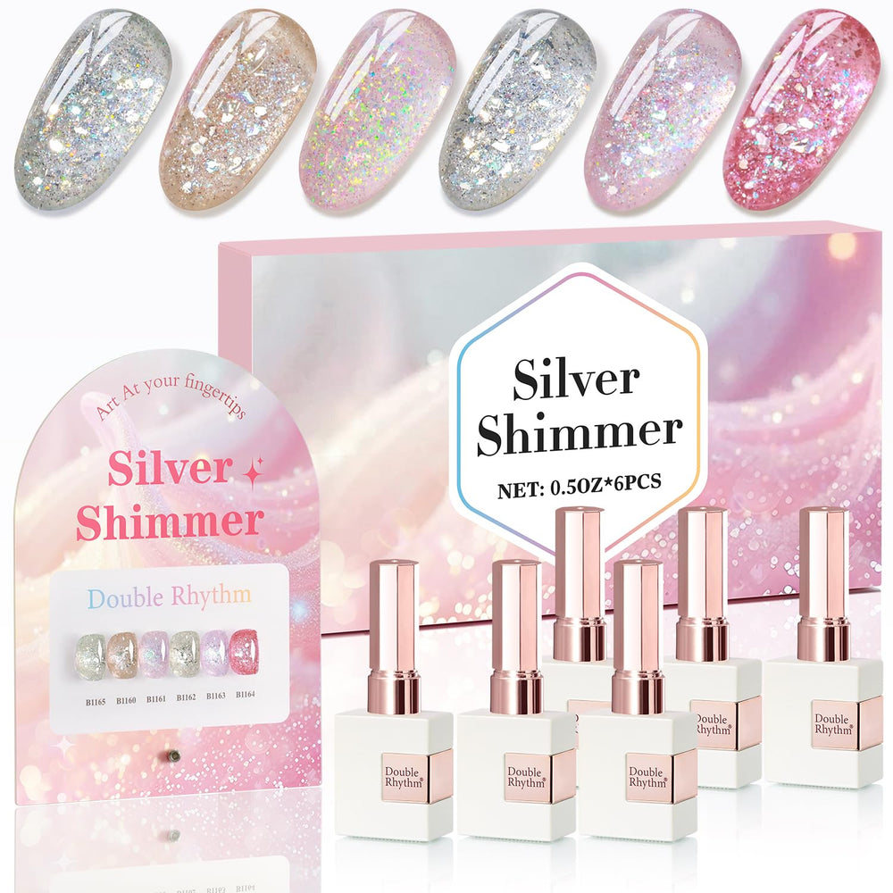 Double Rhythm glitter gel polish kit on display board with six color swatches for easy selection