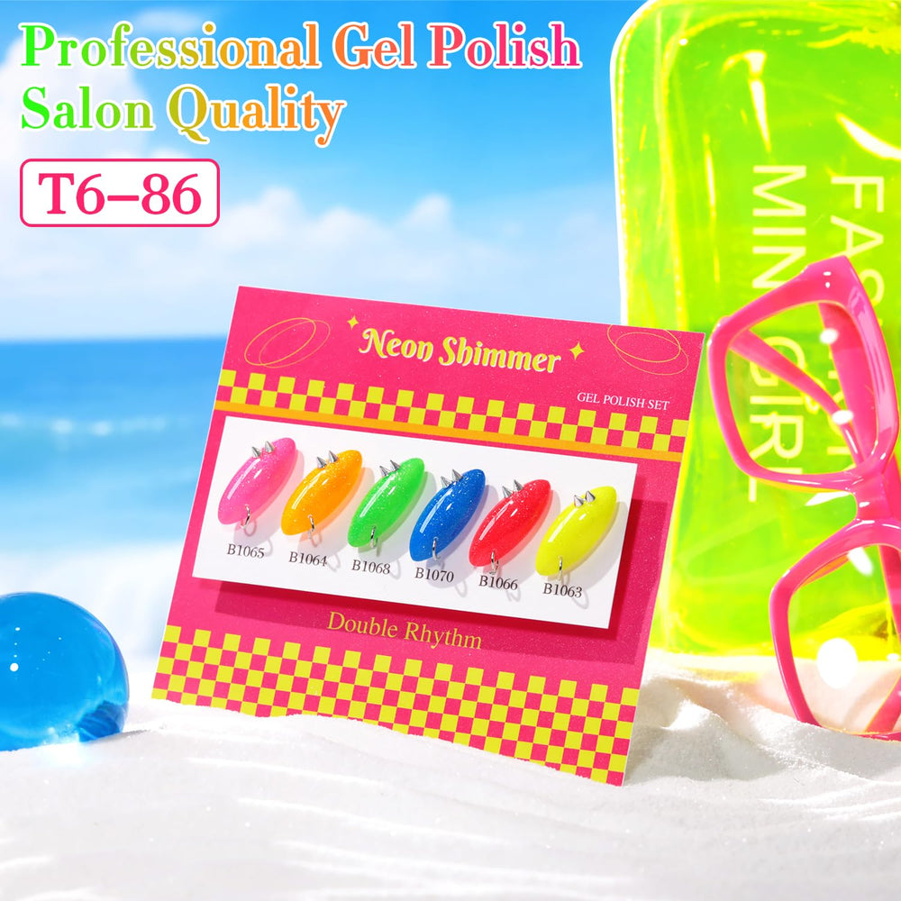 Double Rhythm glitter gel polish pink swatch with vivid neon glow for playful nails.