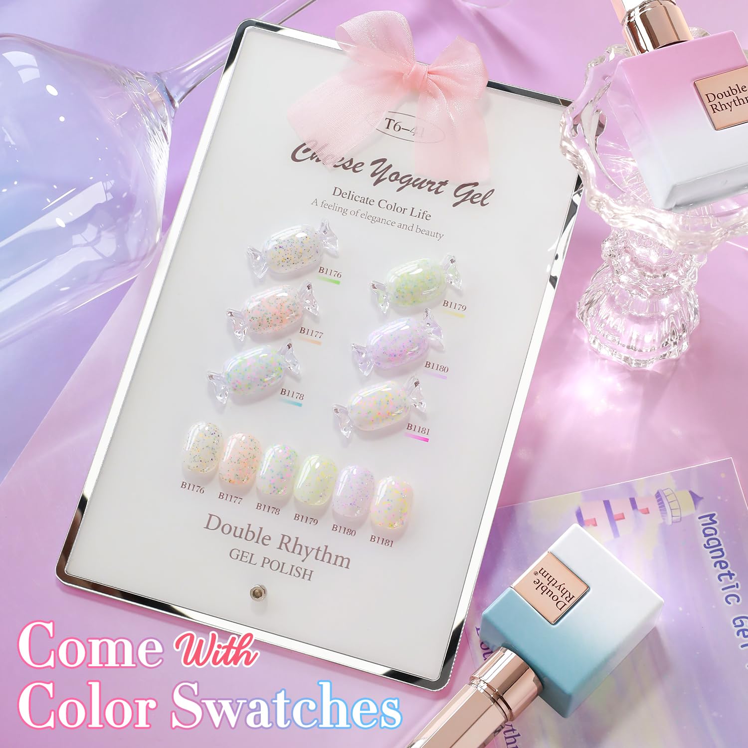Close-up of Double Rhythm bottle and swatches on the display board