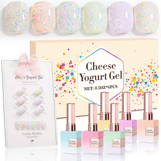 Double Rhythm glitter gel polish set with display board showing six vibrant colors