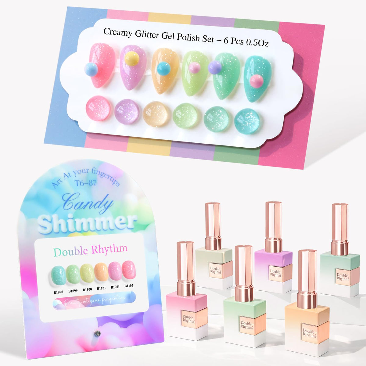 Double Rhythm glitter gel polish set color swatches show vibrant shimmer
