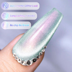 Double Rhythm holographic reflective nails under bright light