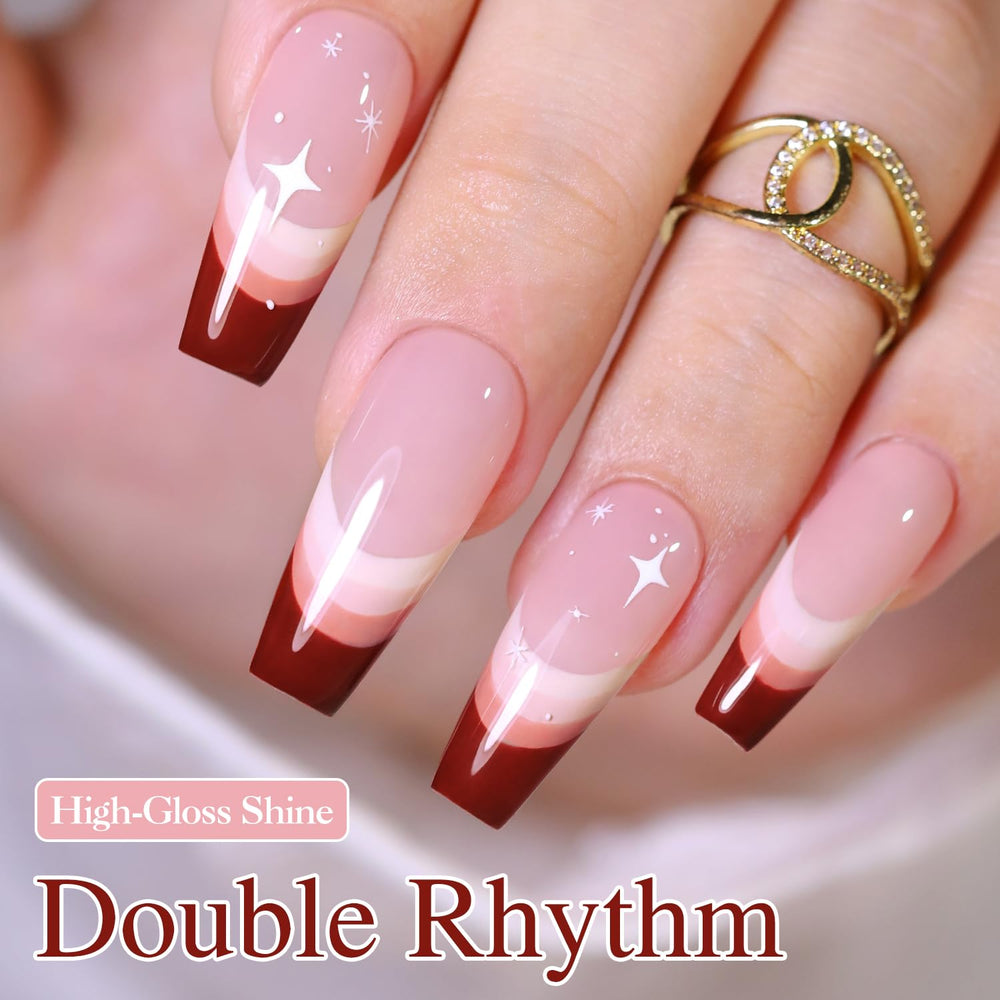 Double Rhythm milky pink gel polish for soft, neutral finish at home.