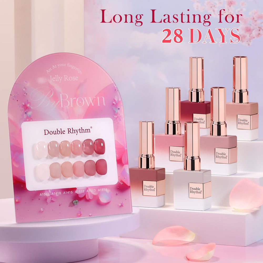 Double Rhythm gel polishes displayed on a manicure station for DIY nails.