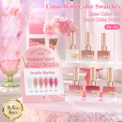 Double Rhythm rose gel polish bottle shown with swatches for elegant manicure options.