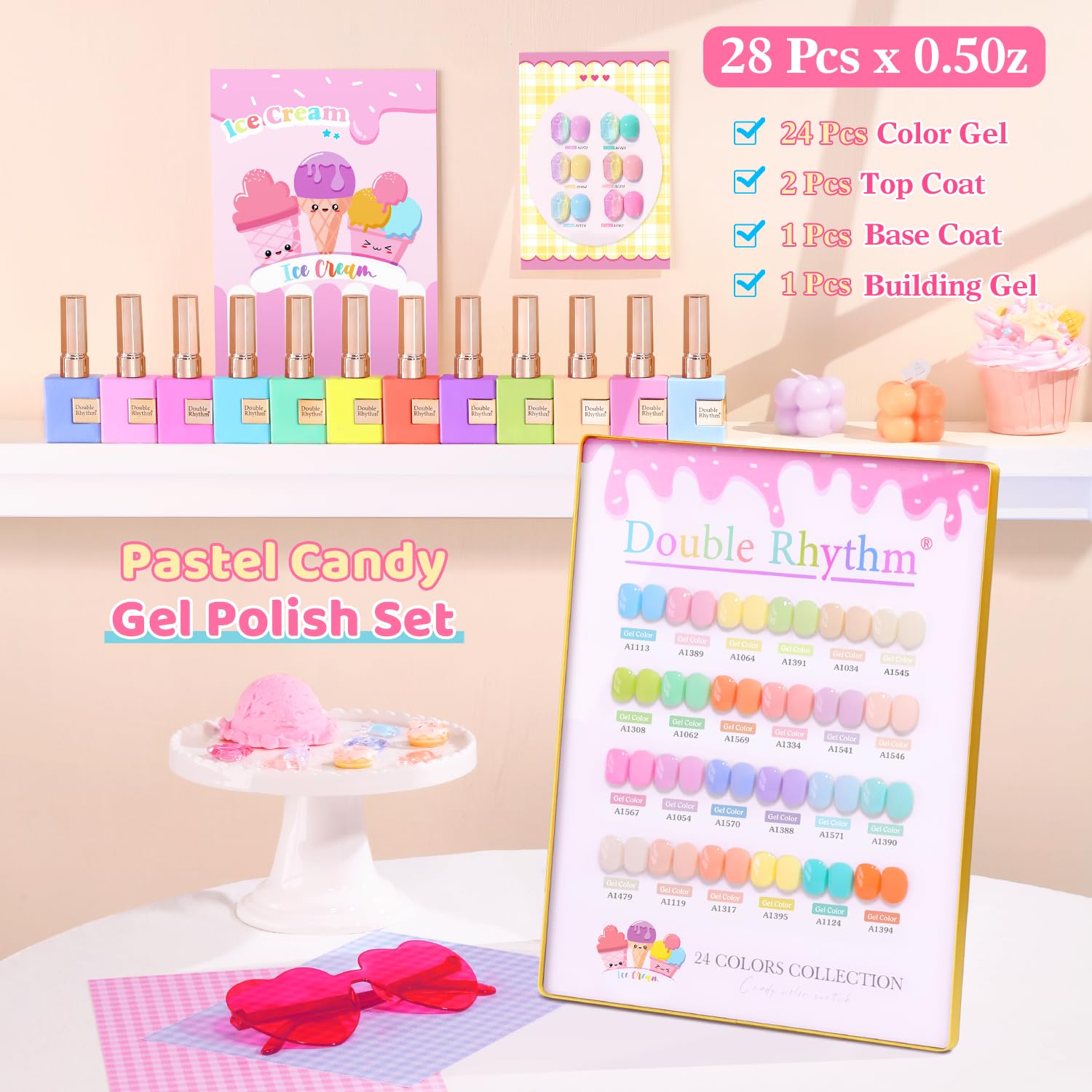 Double Rhythm gel polish set demonstrates consistent color across bottles for DIY results.