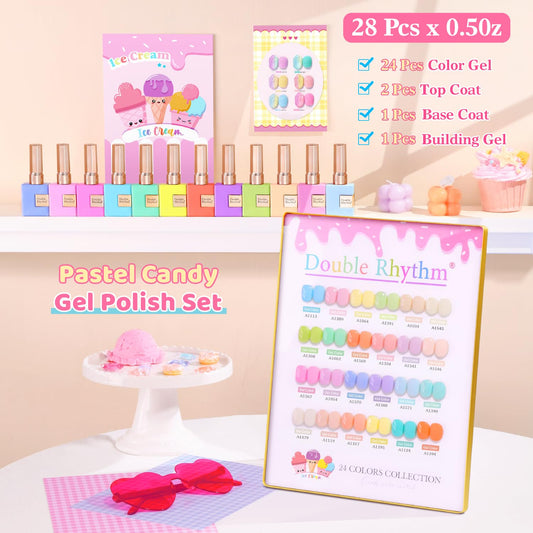 Double Rhythm gel polish set demonstrates consistent color across bottles for DIY results.