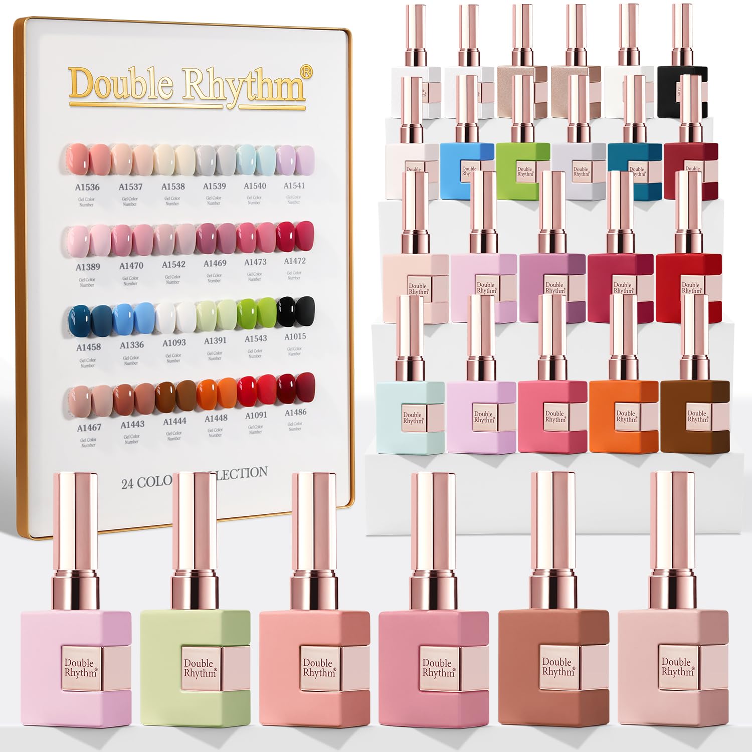 Double Rhythm White Pink Collection gel polish bottles on display for all-season color