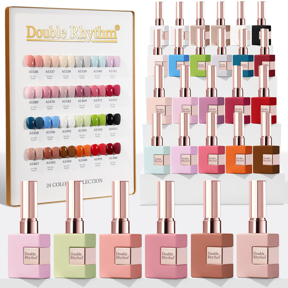 Double Rhythm White Pink Collection gel polish bottles on display for all-season color