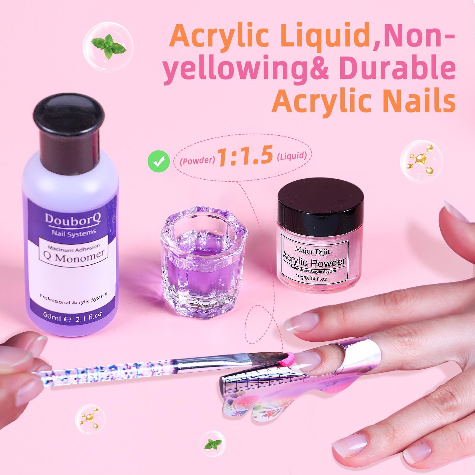 DouborQ acrylic tools including brush, forms, and buffers for prep and finish