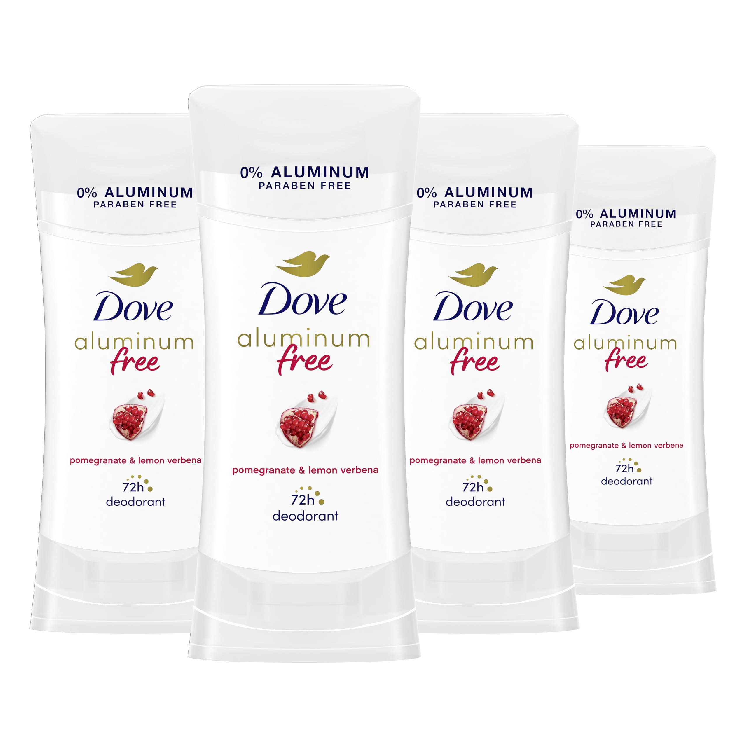 Dove 0% aluminum deodorant stick with pomegranate lemon verbena for gentle odor protection.