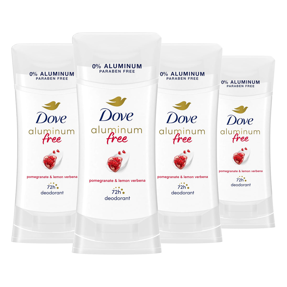 Dove 0% aluminum deodorant stick with pomegranate lemon verbena for gentle odor protection.