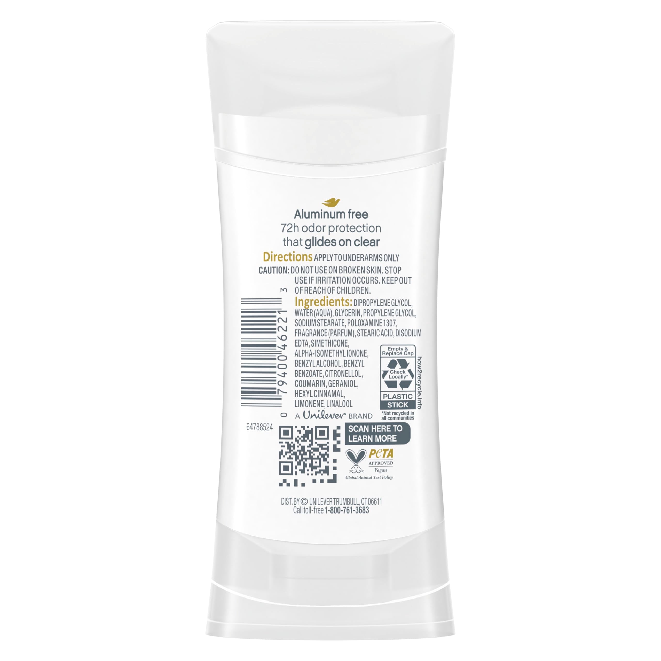 Close-up of Dove 0% aluminum deodorant stick.