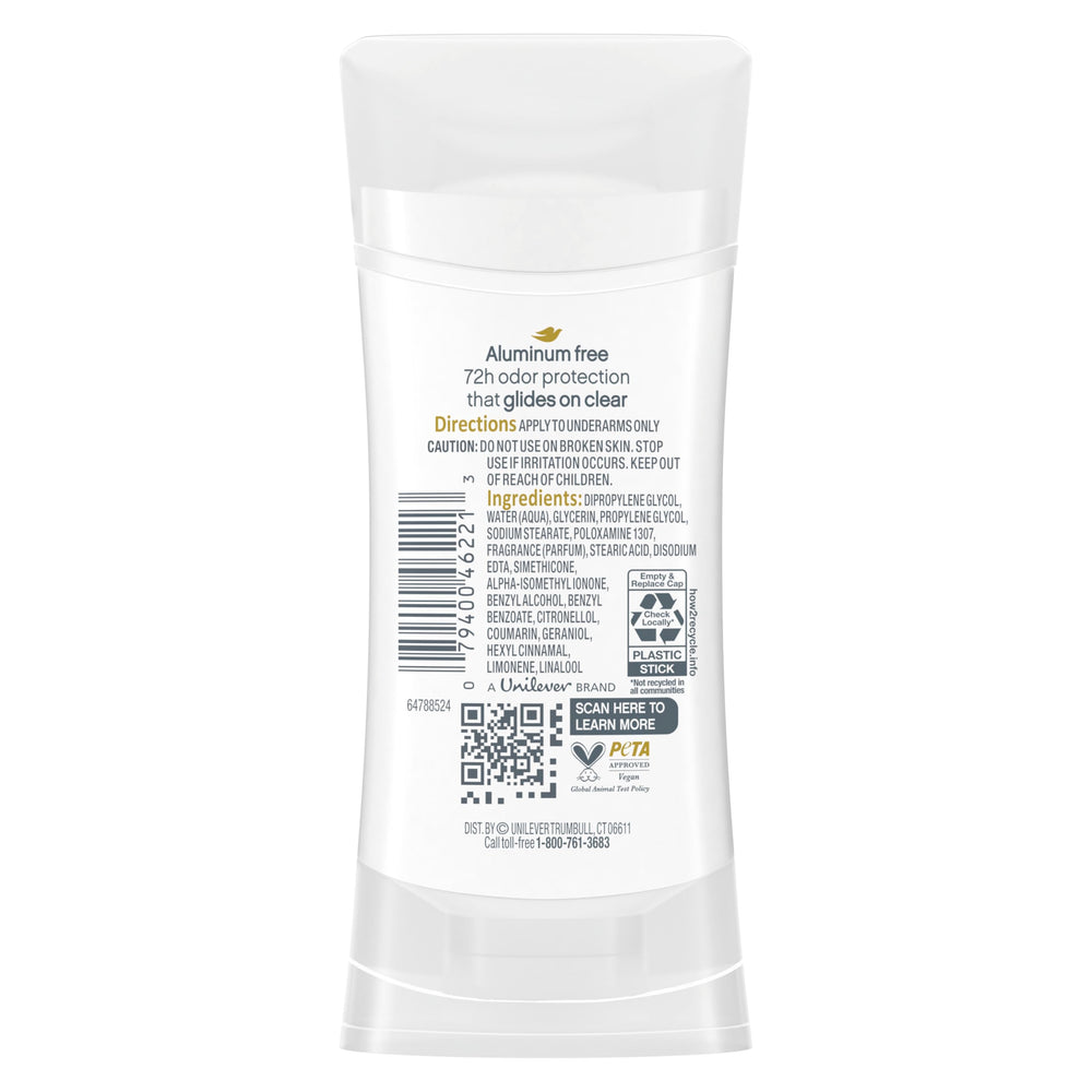 Close-up of Dove 0% aluminum deodorant stick.