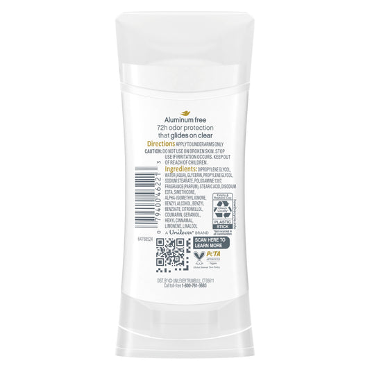 Close-up of Dove 0% aluminum deodorant stick.