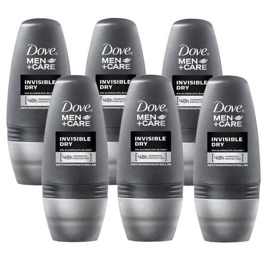 Dove 48h roll-on invisible dry deodorant six-pack, smooth finish for all-day freshness.