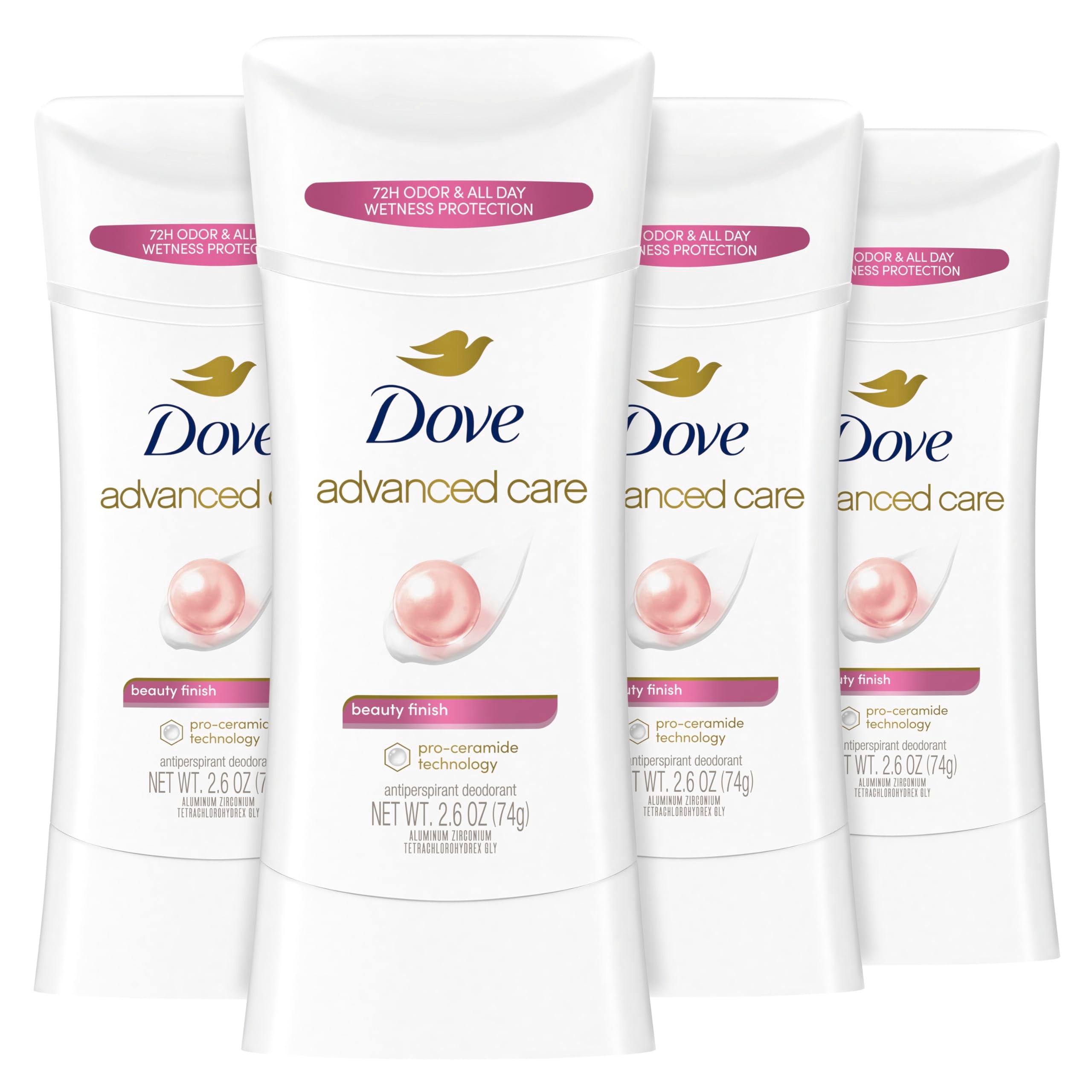 Dove Advanced Care Beauty Finish stick packaging for a four-count box.