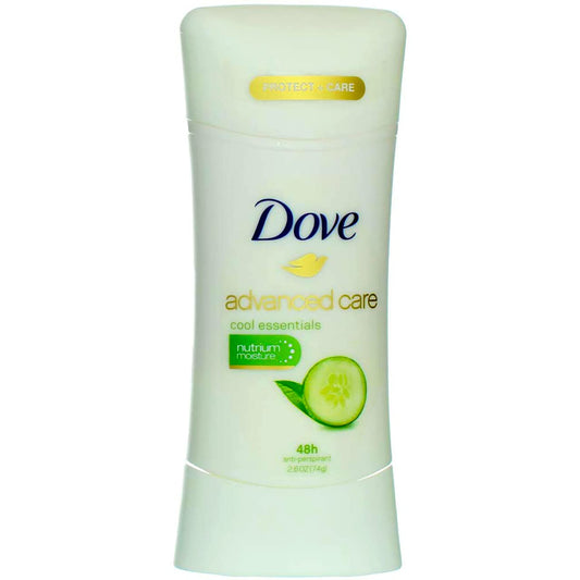 Dove Advanced Care Cool Essentials deodorant bottle shown for all-day freshness.