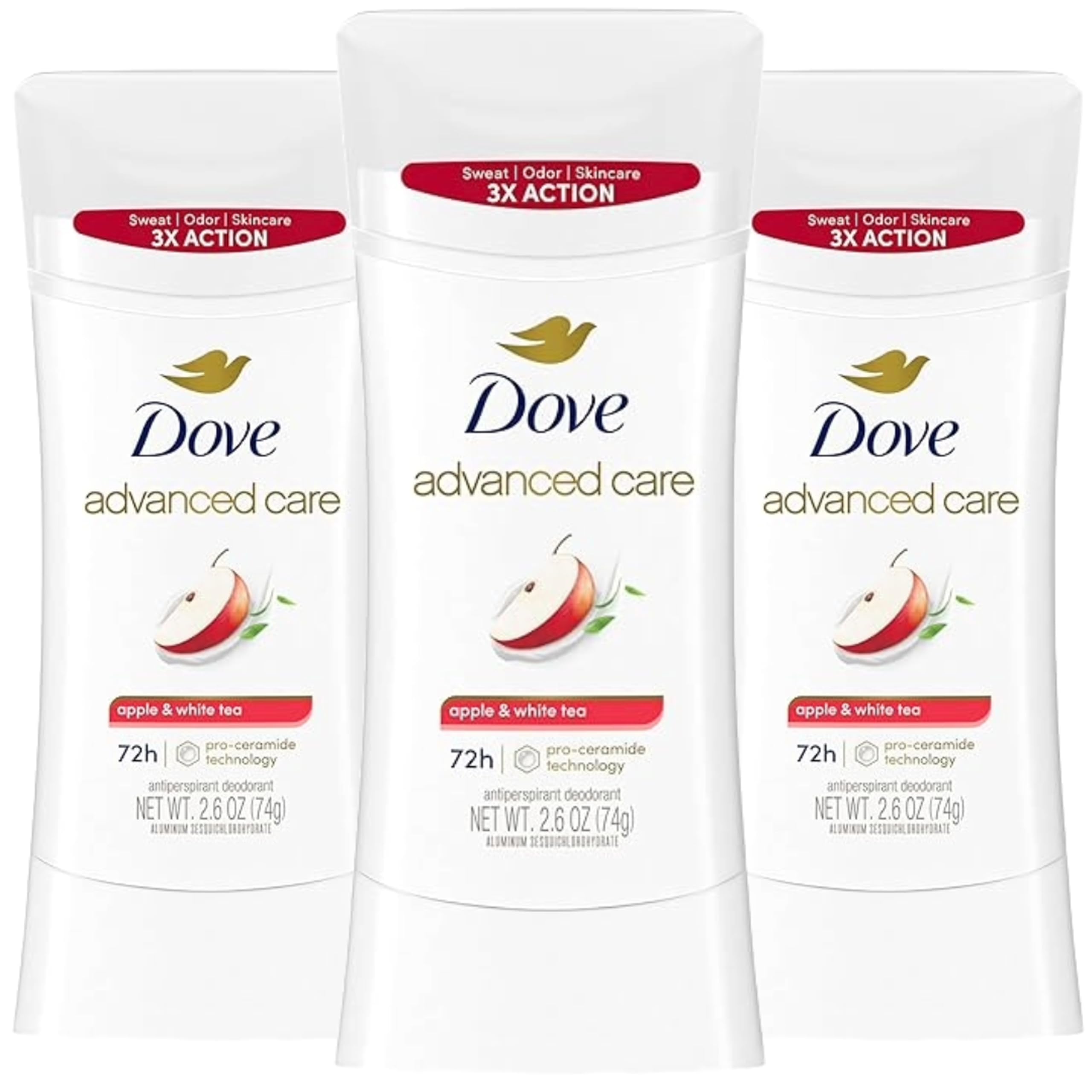 Dove Advanced Care Apple & White Tea deodorant stick for all-day freshness.