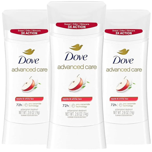 Dove Advanced Care Apple & White Tea deodorant stick for all-day freshness.