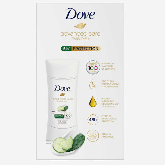 Dove Advanced Care Invisible+ packaging box showing discreet, travel-friendly design