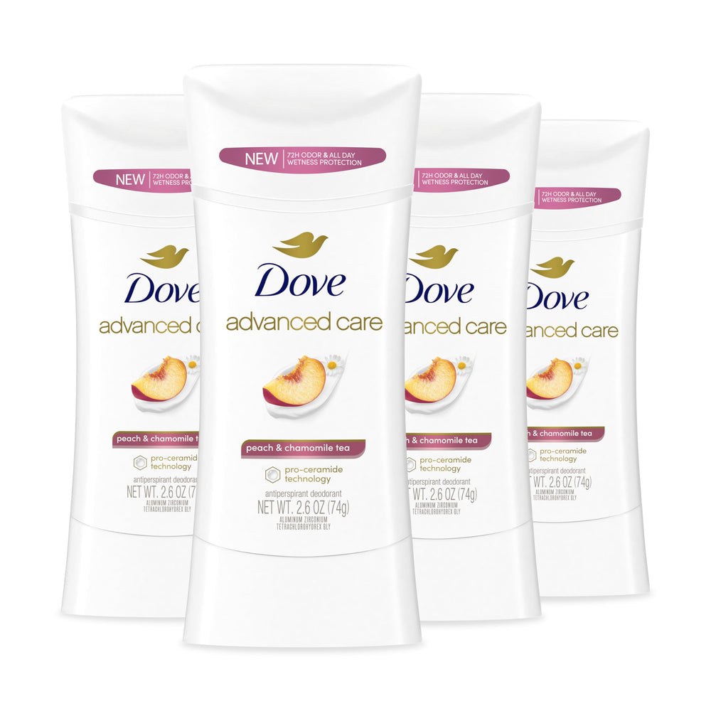 Dove Advanced Care Peach & Chamomile Tea deodorant stick bottle showing product design and branding.