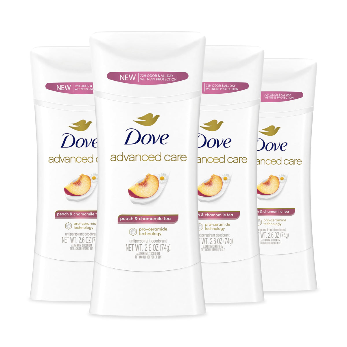 Dove Advanced Care Peach & Chamomile Tea deodorant stick bottle showing product design and branding.