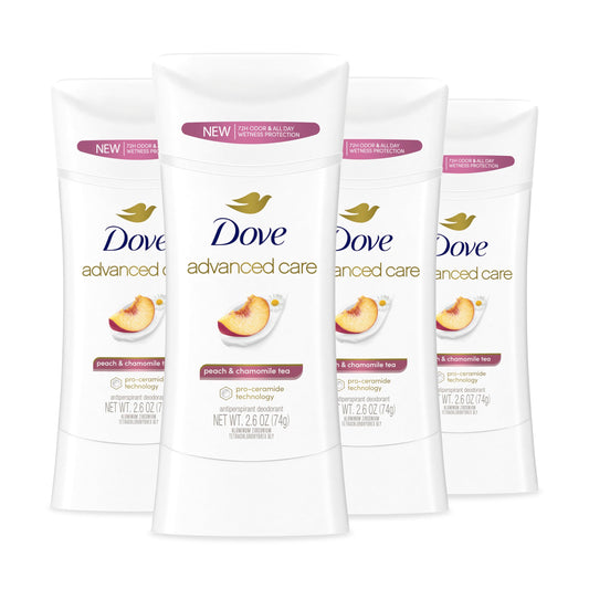 Dove Advanced Care Peach & Chamomile Tea deodorant stick bottle showing product design and branding.