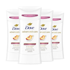 Dove Advanced Care Peach & Chamomile Tea deodorant stick bottle showing product design and branding.