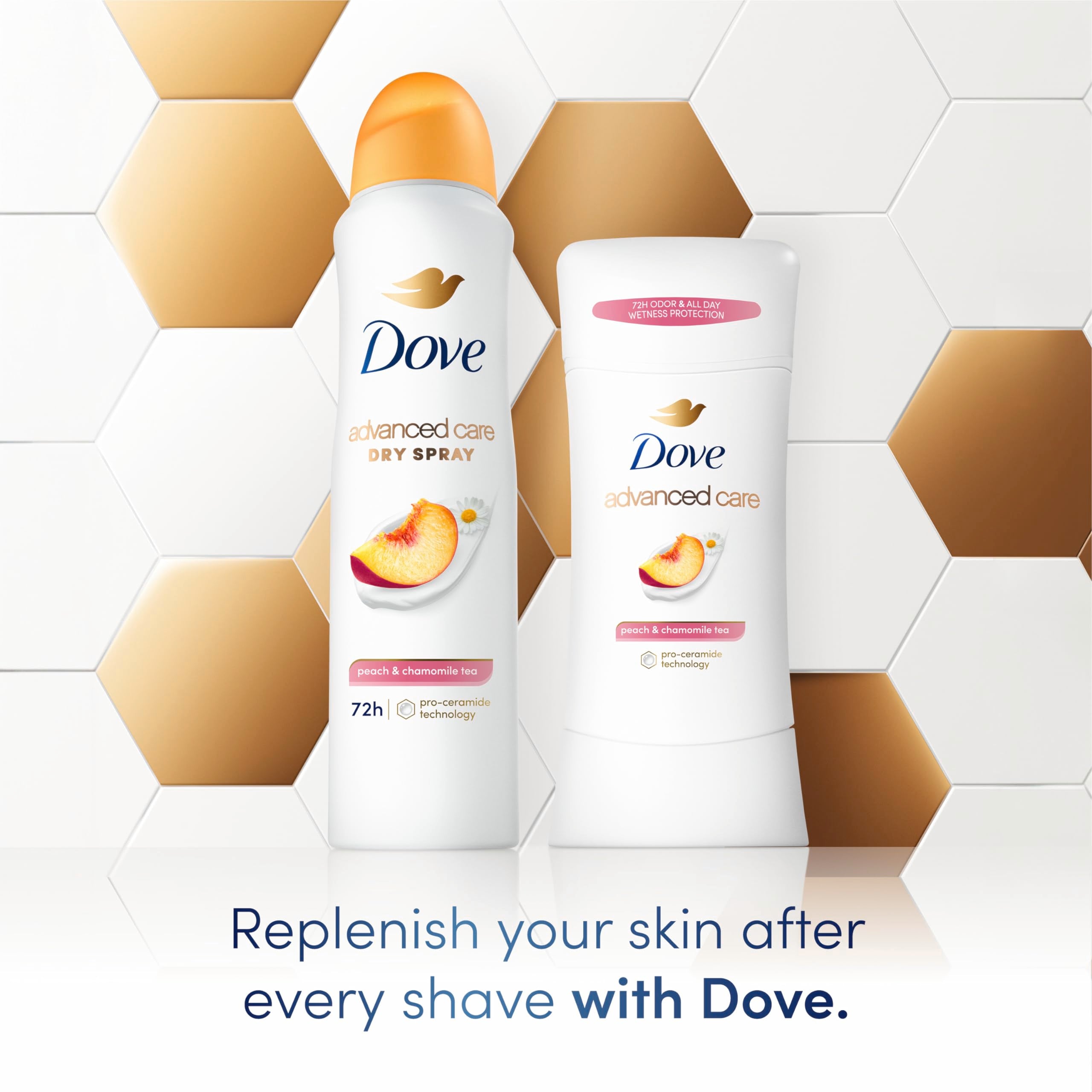 Close-up of the Peach & Chamomile Tea fragrance on Dove deodorant for sensory appeal.