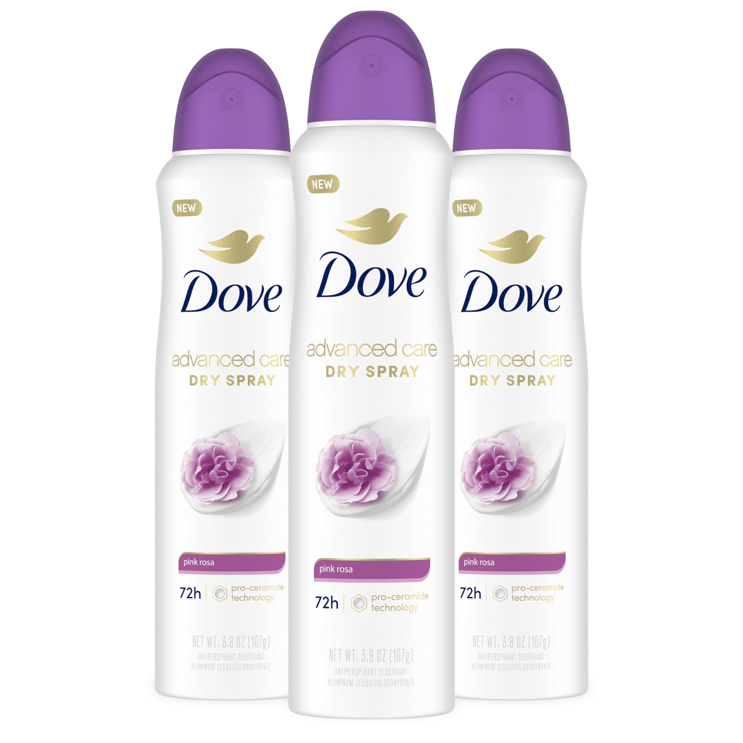Dove Advanced Care Pink Rosa spray bottle front view for all-day freshness.