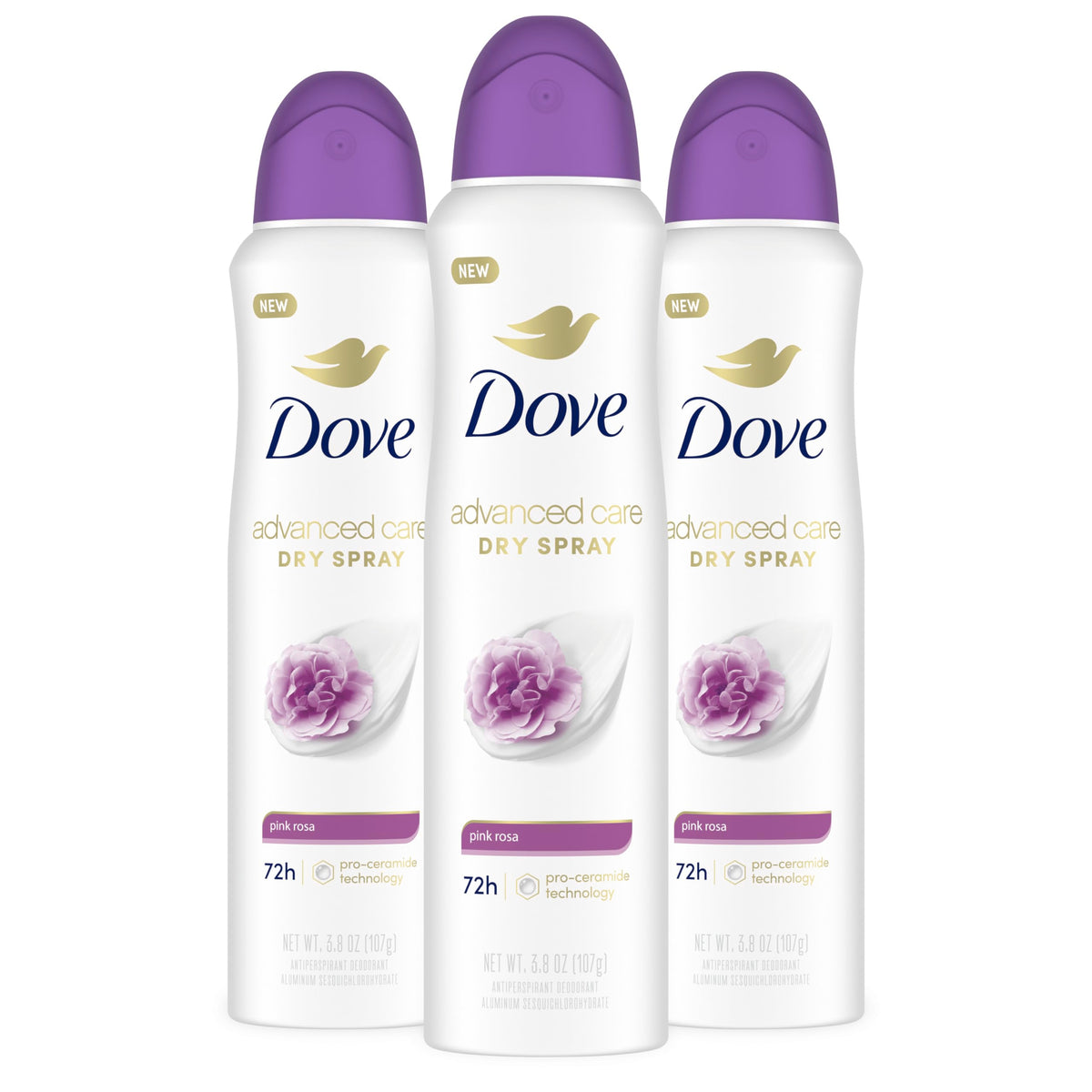 Dove Advanced Care Pink Rosa spray bottle front view for all-day freshness.