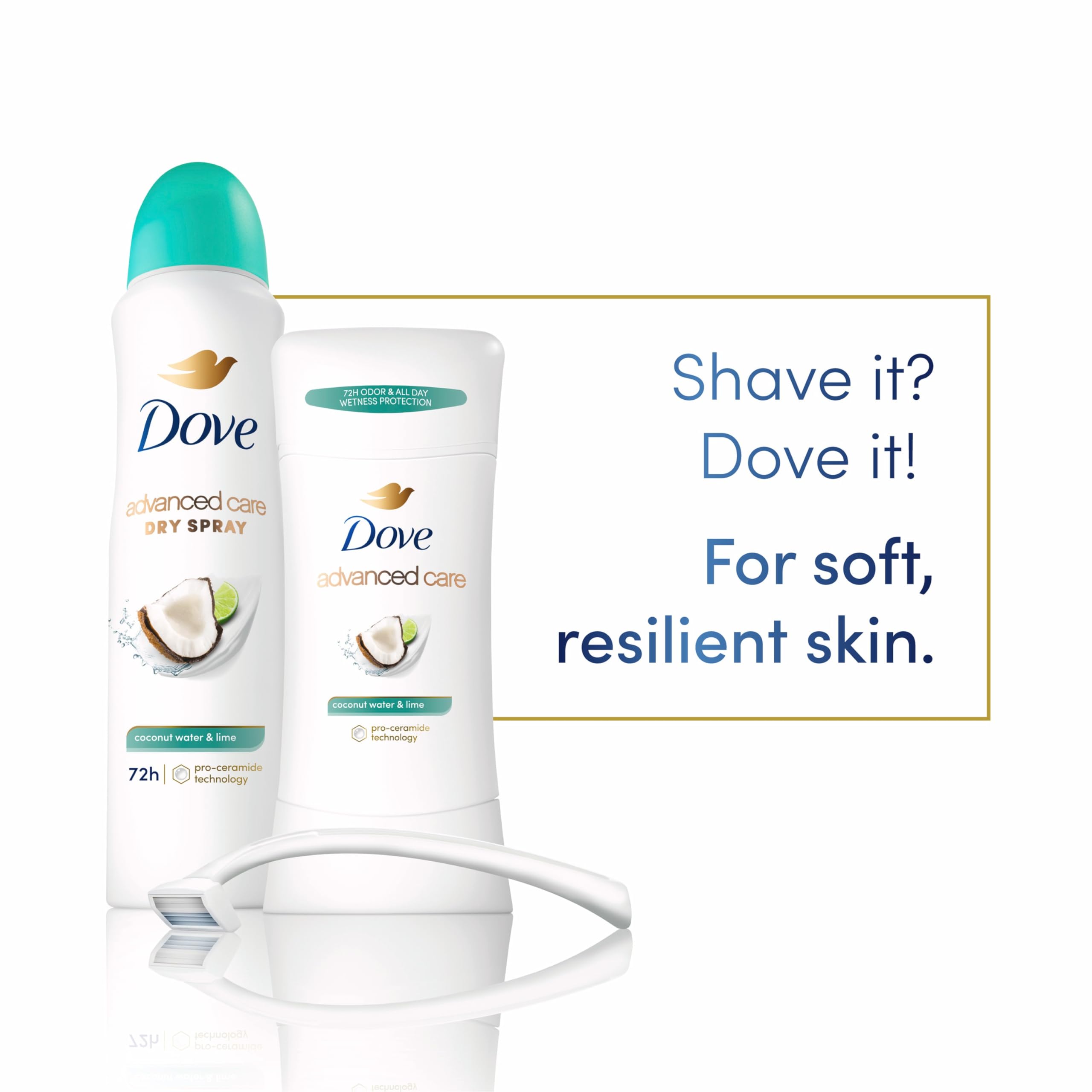 Dove Advanced Care Pro Ceramide Technology emblem highlighted for skin support.