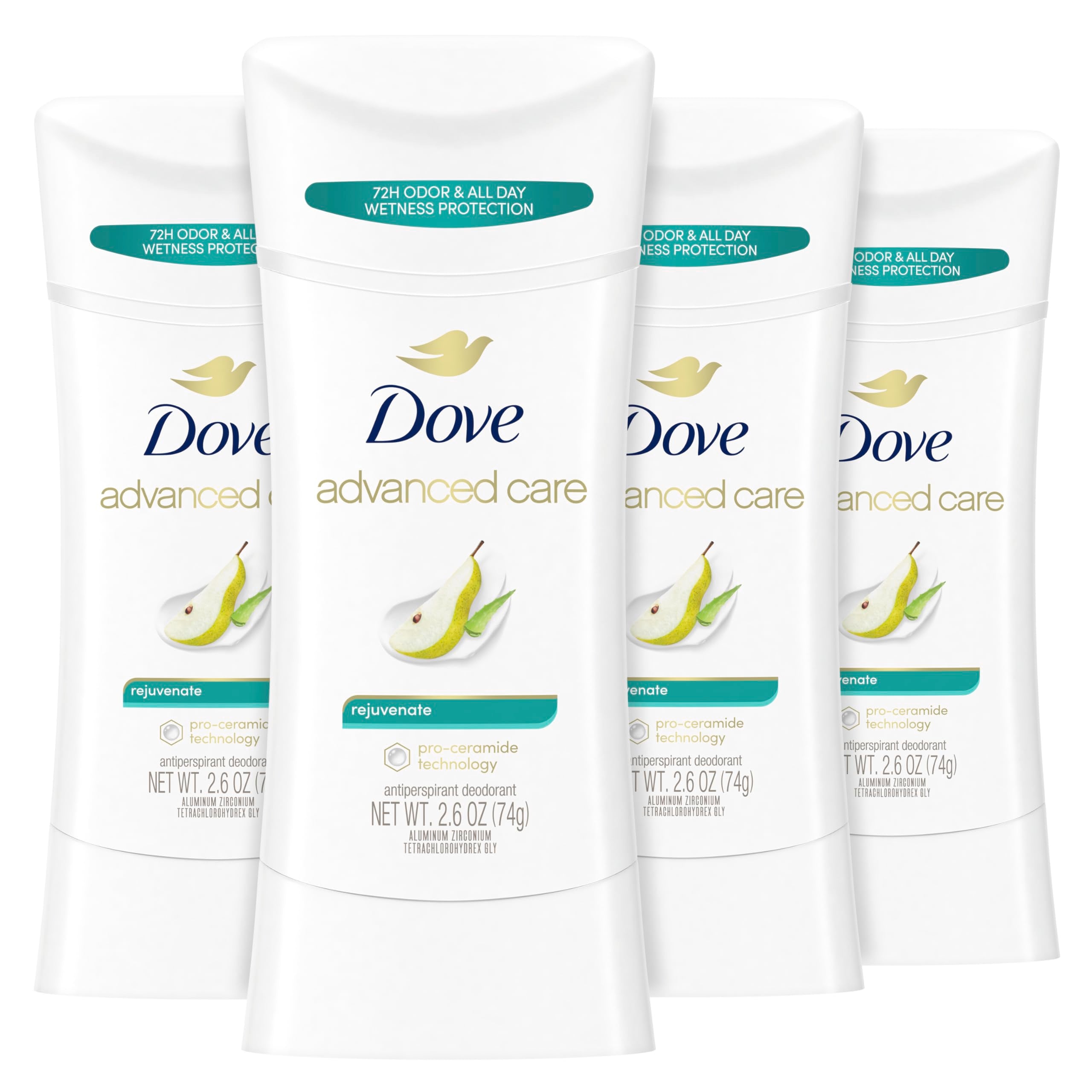 Dove Advanced Care Rejuvenate stick packaging highlighting ceramide barrier support.