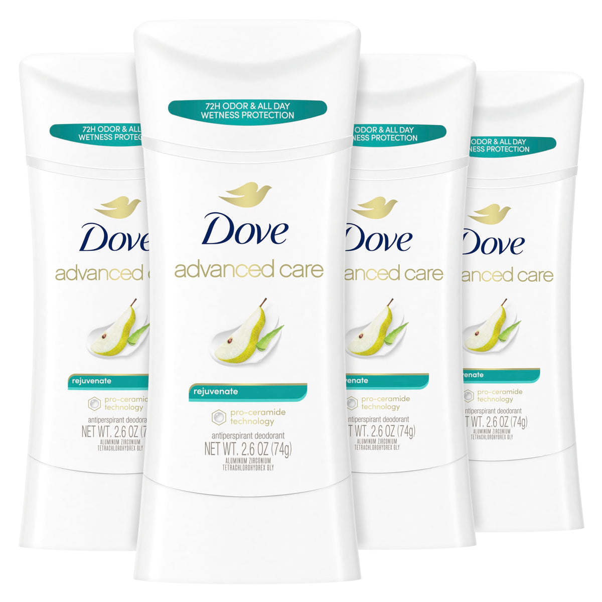 Dove Advanced Care Rejuvenate stick packaging highlighting ceramide barrier support.