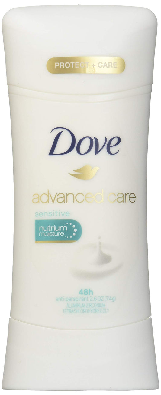 Dove Advanced Care unscented deodorant for fragrance-free daily freshness.