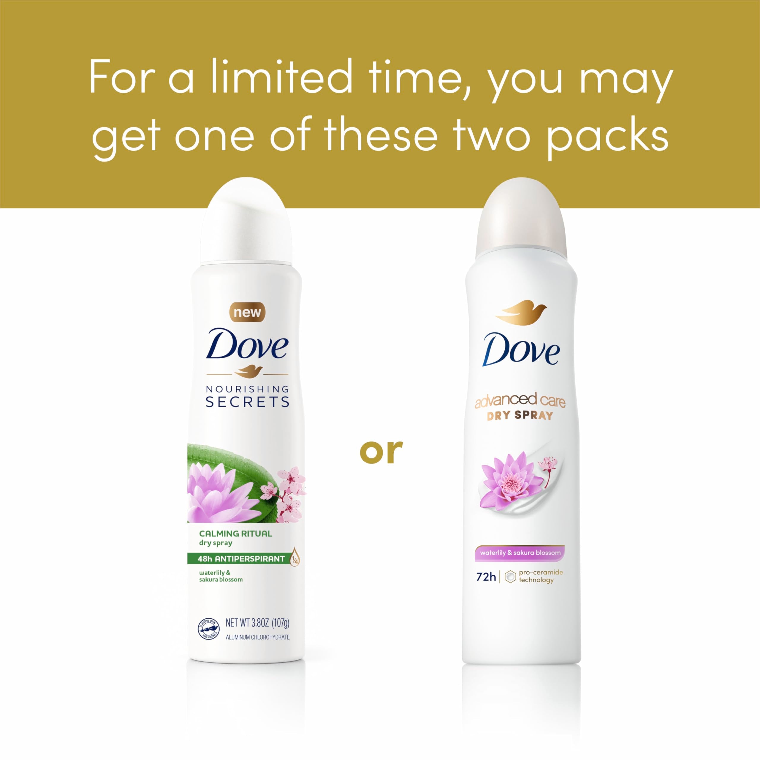Dove Advanced Care Waterlily & Sakura Blossom packaging displaying a 3-count set.
