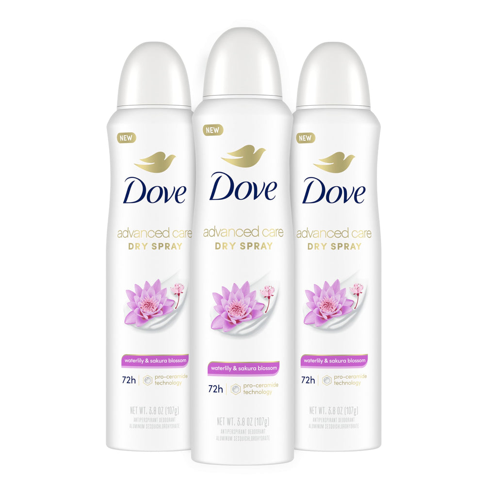 Dove Advanced Care Waterlily & Sakura Blossom spray underarm application for refreshed, soft skin.