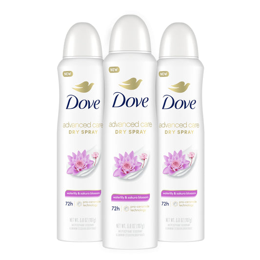 Dove Advanced Care Waterlily & Sakura Blossom spray underarm application for refreshed, soft skin.