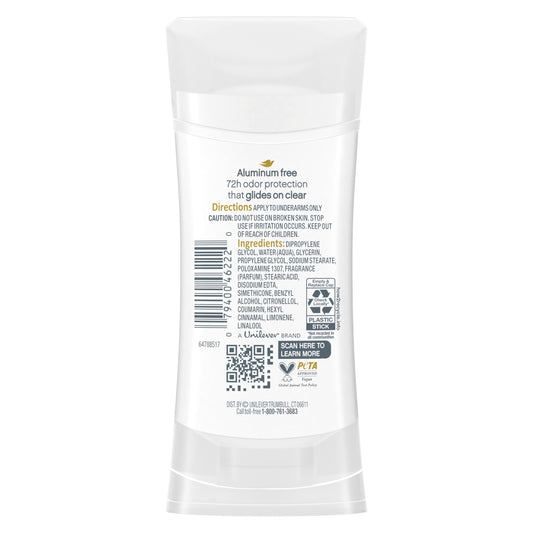 Dove aluminum-free deodorant packaging shows compact design for easy on-the-go touchups.