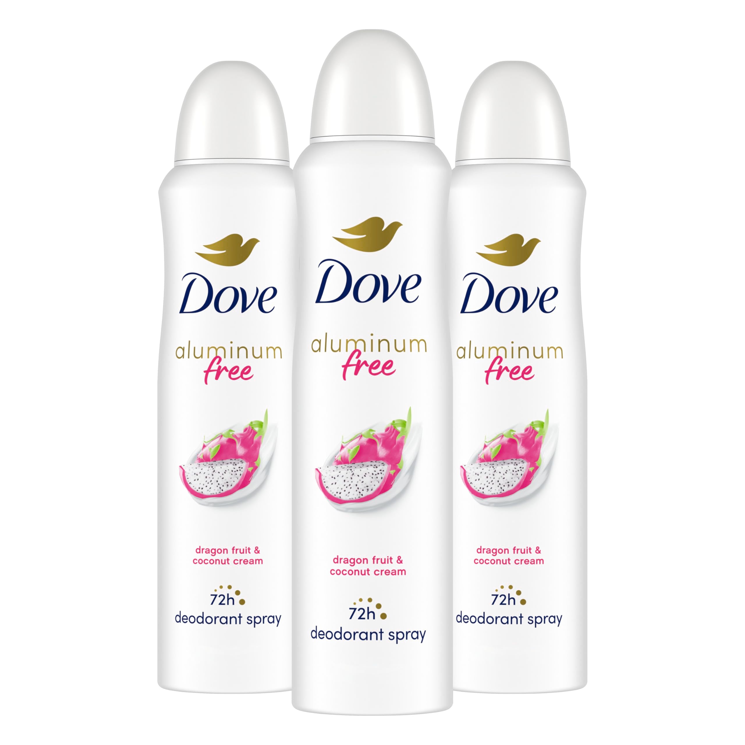 Dove aluminum-free deodorant spray bottle with dragon fruit and coconut cream for lasting freshness.