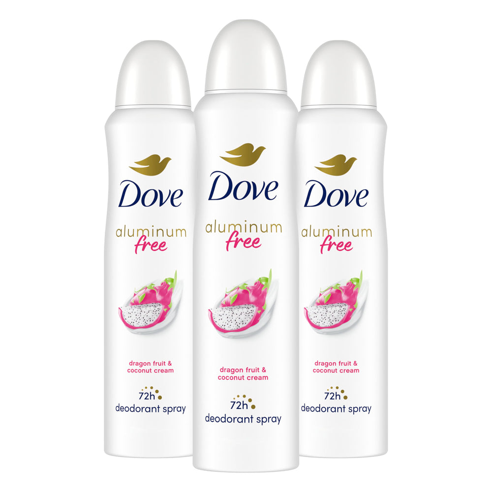 Dove aluminum-free deodorant spray bottle with dragon fruit and coconut cream for lasting freshness.