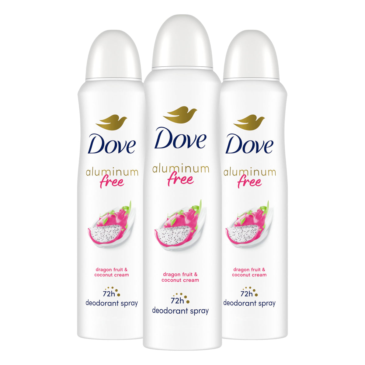 Dove aluminum-free deodorant spray bottle with dragon fruit and coconut cream for lasting freshness.