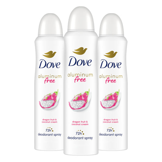 Dove aluminum-free deodorant spray bottle with dragon fruit and coconut cream for lasting freshness.