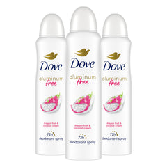 Dove aluminum-free deodorant spray bottle with dragon fruit and coconut cream for lasting freshness.