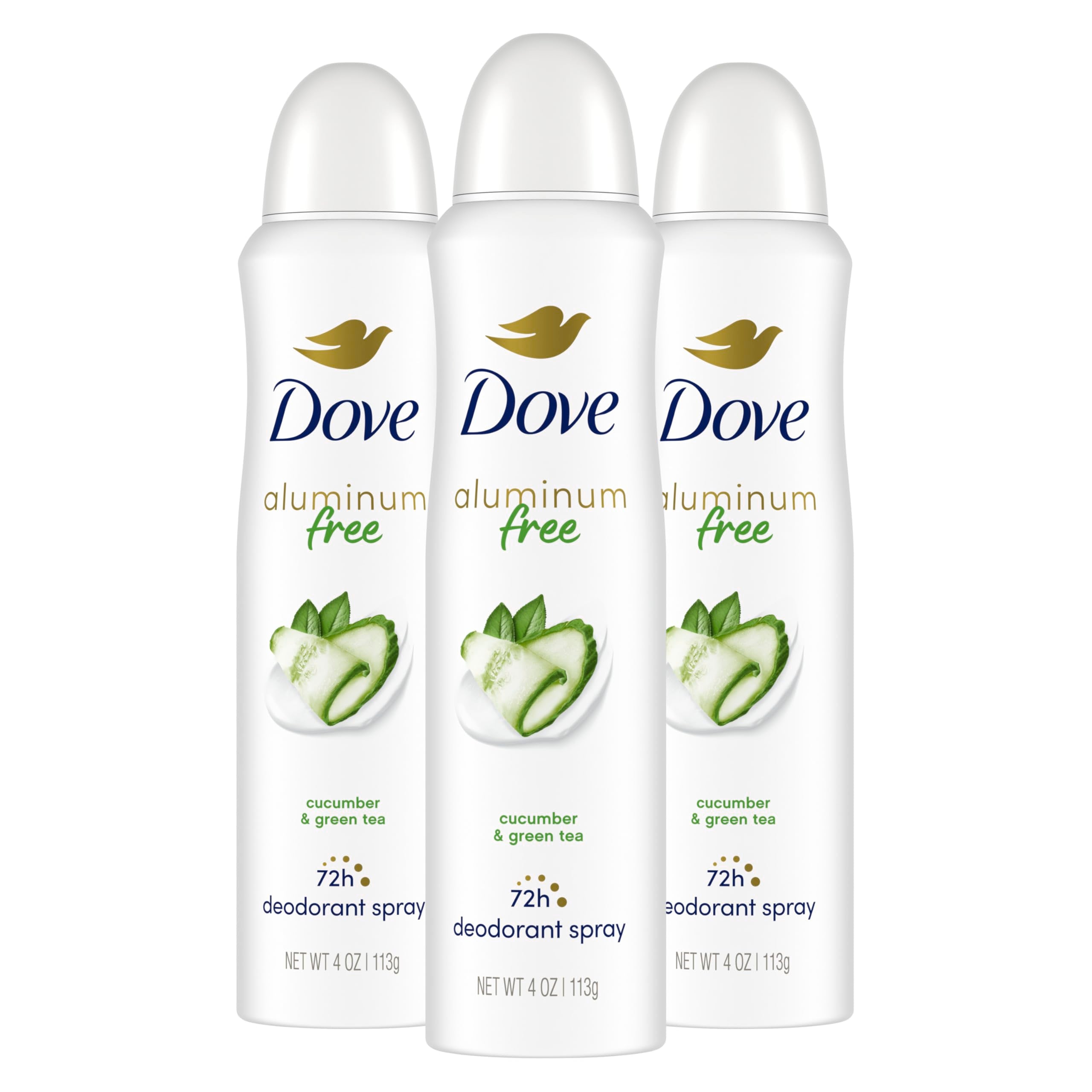 Dove aluminum-free deodorant spray cucumber green tea bottle close-up showing 48h protection