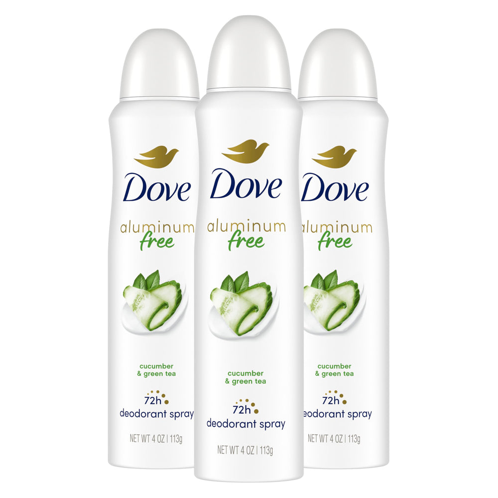 Dove aluminum-free deodorant spray cucumber green tea bottle close-up showing 48h protection