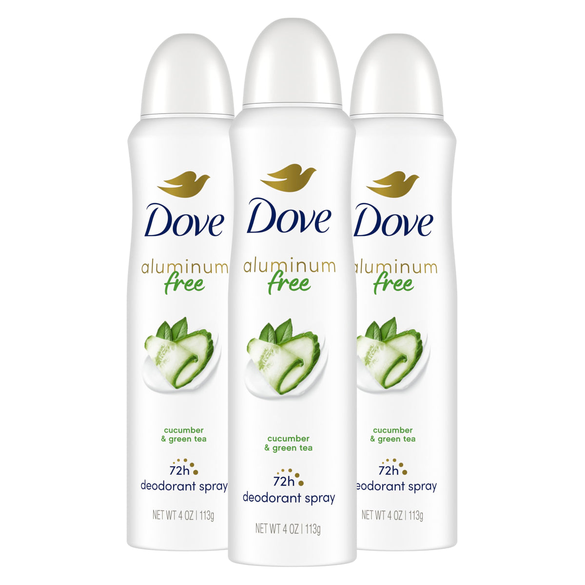 Dove aluminum-free deodorant spray cucumber green tea bottle close-up showing 48h protection