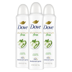 Dove aluminum-free deodorant spray cucumber green tea bottle close-up showing 48h protection